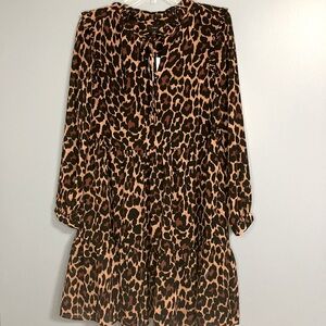 J CREW Tie-neck tiered dress in leopard crinkle chiffon size M NWT